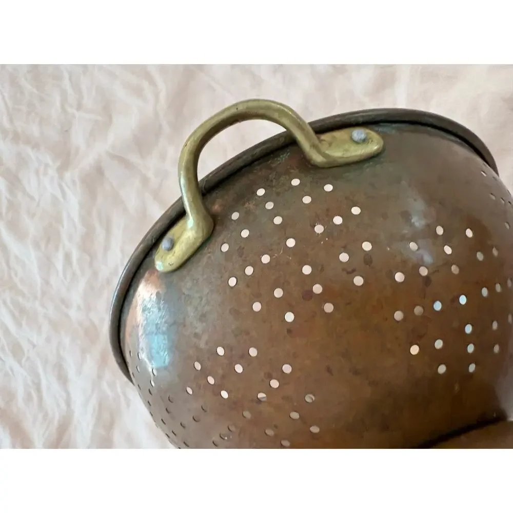 Antique Copper Colander Brass Footed Strainer Cottagecore Rustic Farmhouse